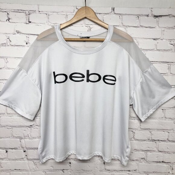 Bebe Sport Y2K White Half Mesh Graphic Short Sleeve Plus Sz 2X - Picture 1 of 8